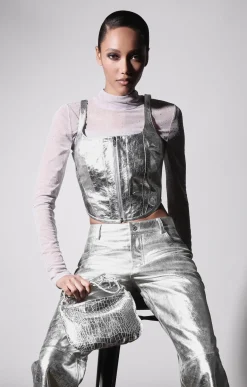 Walter Baker Hazel Mini Hobo, Platinum Metallic Croc^Women Handbags